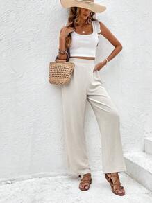 SHEIN Frenchy Quần nữ màu trơn Giải trí - Màu be - Xem 7
