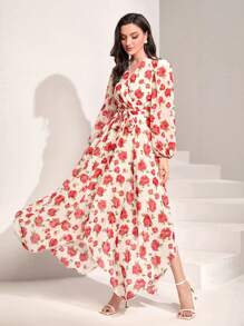 Mulvari Floral Print Lantern Sleeve Asymmetrical Hem Belted Dress - White - View 1