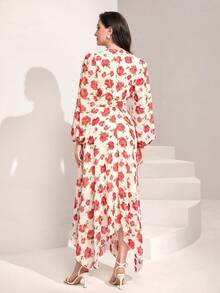 Mulvari Floral Print Lantern Sleeve Asymmetrical Hem Belted Dress - White - View 2