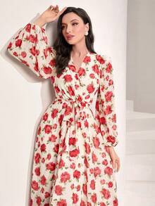 Mulvari Floral Print Lantern Sleeve Asymmetrical Hem Belted Dress - White - View 4