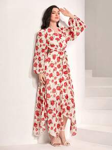 Mulvari Floral Print Lantern Sleeve Asymmetrical Hem Belted Dress - White - View 6
