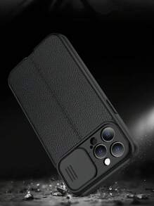 荔枝紋壓花推拉鏡頭蓋磁性手機殼 - 黑色 - 查看 2