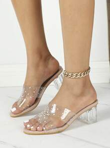 Tacones transparentes de PVC transparente y sandalias de mujer de tacón alto grueso con diamantes de imitación de varios colores - Albaricoque - Ver 1