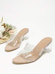 Tacones transparentes de PVC transparente y sandalias de mujer de tacón alto grueso con diamantes de imitación de varios colores - Albaricoque - Ver 3