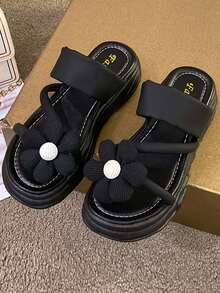 Chicas Zapatillas con diseño de flor para verano - Negro - Ver 1