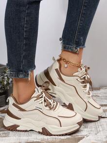 女式字母圖案前繫帶厚底運動鞋，運動型戶外運動鞋 - 卡其色 - 查看 1