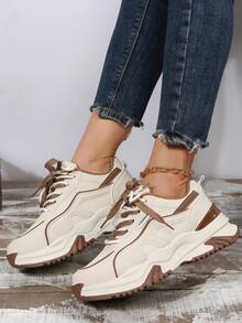 女式字母圖案前繫帶厚底運動鞋，運動型戶外運動鞋 - 卡其色 - 查看 2