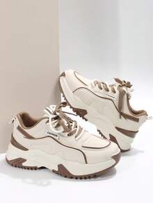 女式字母圖案前繫帶厚底運動鞋，運動型戶外運動鞋 - 卡其色 - 查看 3