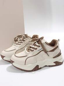女式字母圖案前繫帶厚底運動鞋，運動型戶外運動鞋 - 卡其色 - 查看 6