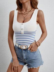 SHEIN Frenchy 條紋印花半排扣背心上衣 - 白色 - 查看 3