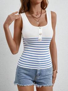 SHEIN Frenchy 條紋印花半排扣背心上衣 - 白色 - 查看 6