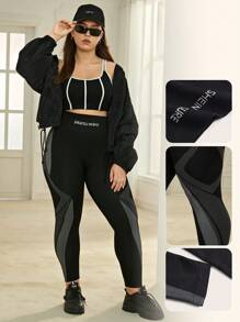 Easithlete 大碼條紋印花寬腰帶運動打底褲