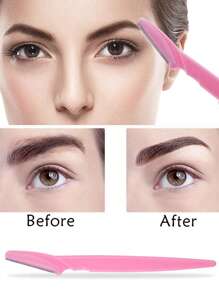 3 lưỡi dao cạo tỉa lông mày màu xanh, dao cạo tẩy lông mặt cầm tay, dụng cụ cạo râu nhíp nhổ lông mày dành cho nữ - Hồng - Xem 3