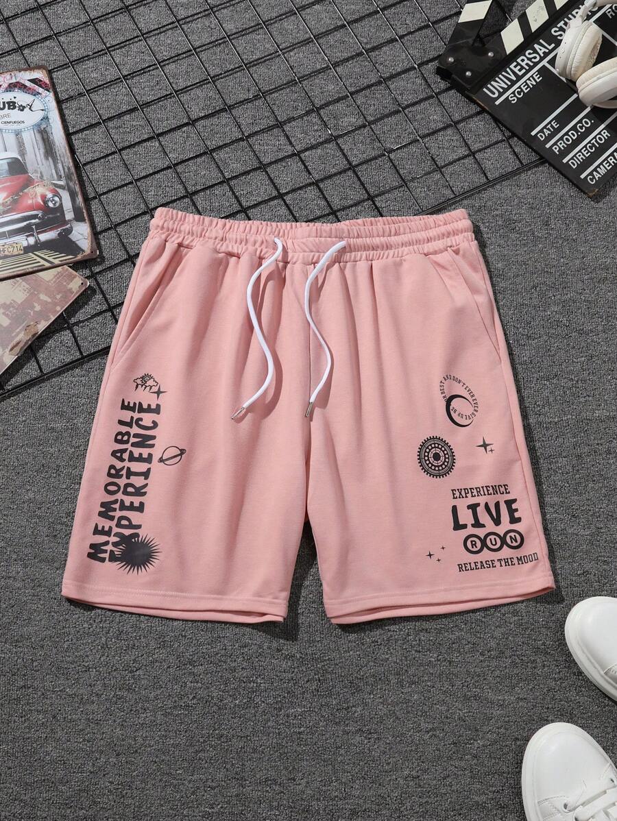 Manfinity EMRG Men Letter Graphic Drawstring Waist Shorts - Pink - View 1