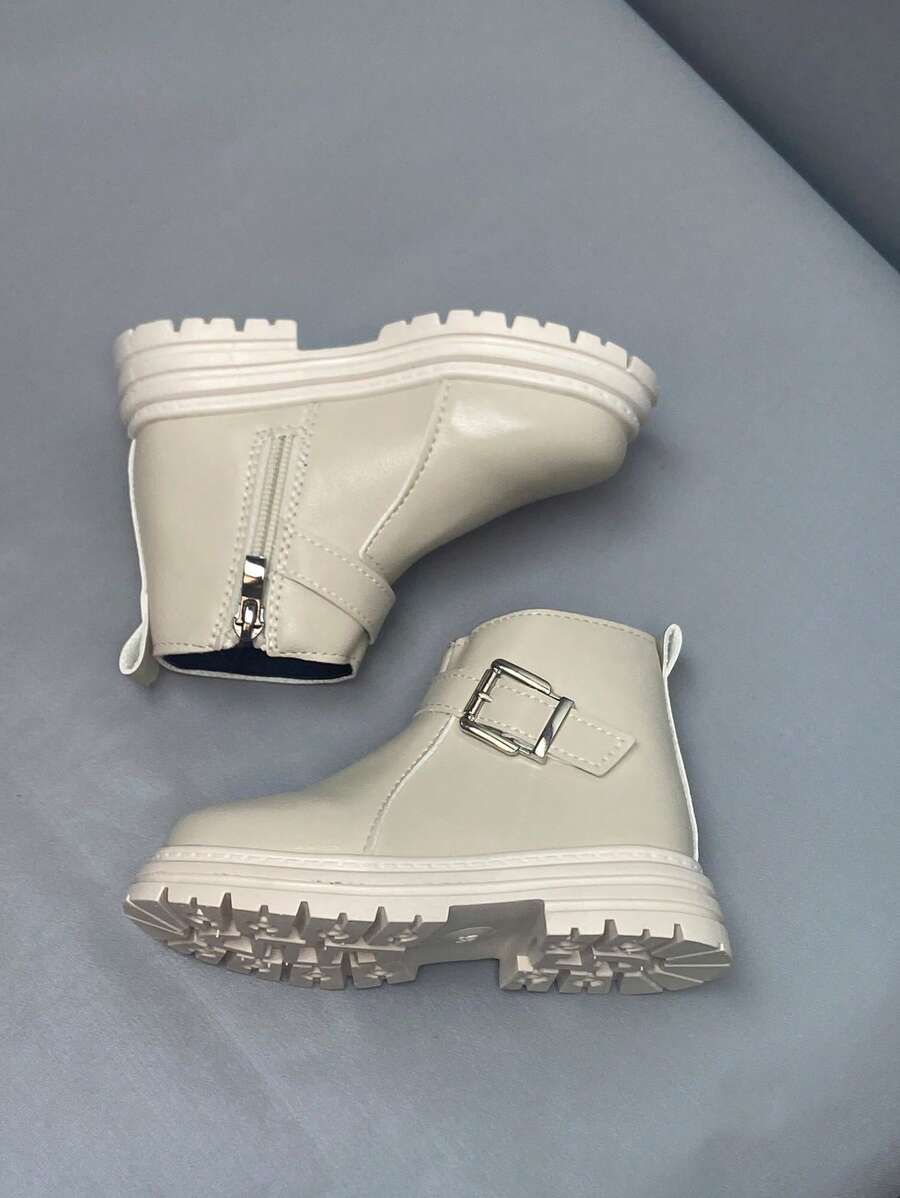 1雙女孩拉鍊和搭扣裝飾靴子適用於戶外 - 米色 - 查看 1