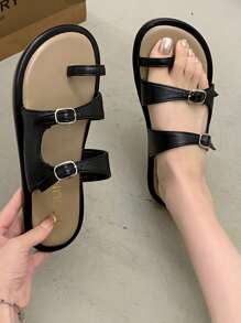 1 par de sandalias de tira antideslizantes con decoración de hebilla para niñas para el verano - Negro - Ver 1