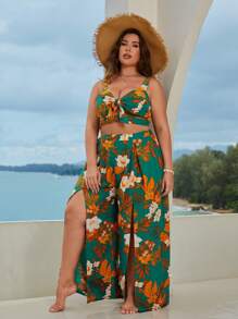 SHEIN VCAY 大碼熱帶圖案寬肩帶上衣和高衩闊腿褲 - 彩色 - 查看 5