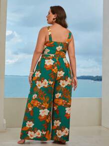 SHEIN VCAY 大碼熱帶圖案寬肩帶上衣和高衩闊腿褲 - 彩色 - 查看 4