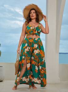 SHEIN VCAY 大碼熱帶圖案寬肩帶上衣和高衩闊腿褲 - 彩色 - 查看 2