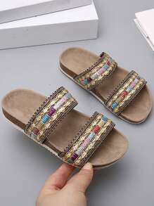 Chicas Zapatillas de color combinado con tira doble para verano - Dorado - Ver 1