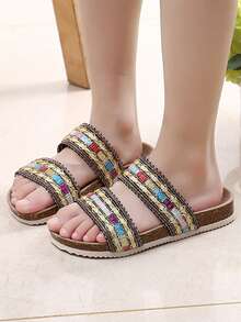 Chicas Zapatillas de color combinado con tira doble para verano - Dorado - Ver 2