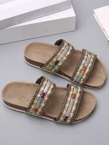 Chicas Zapatillas de color combinado con tira doble para verano - Dorado - Ver 3