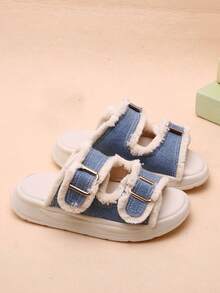 Chicas Zapatillas con diseño de hebilla ribete crudo para verano - Azul - Ver 2