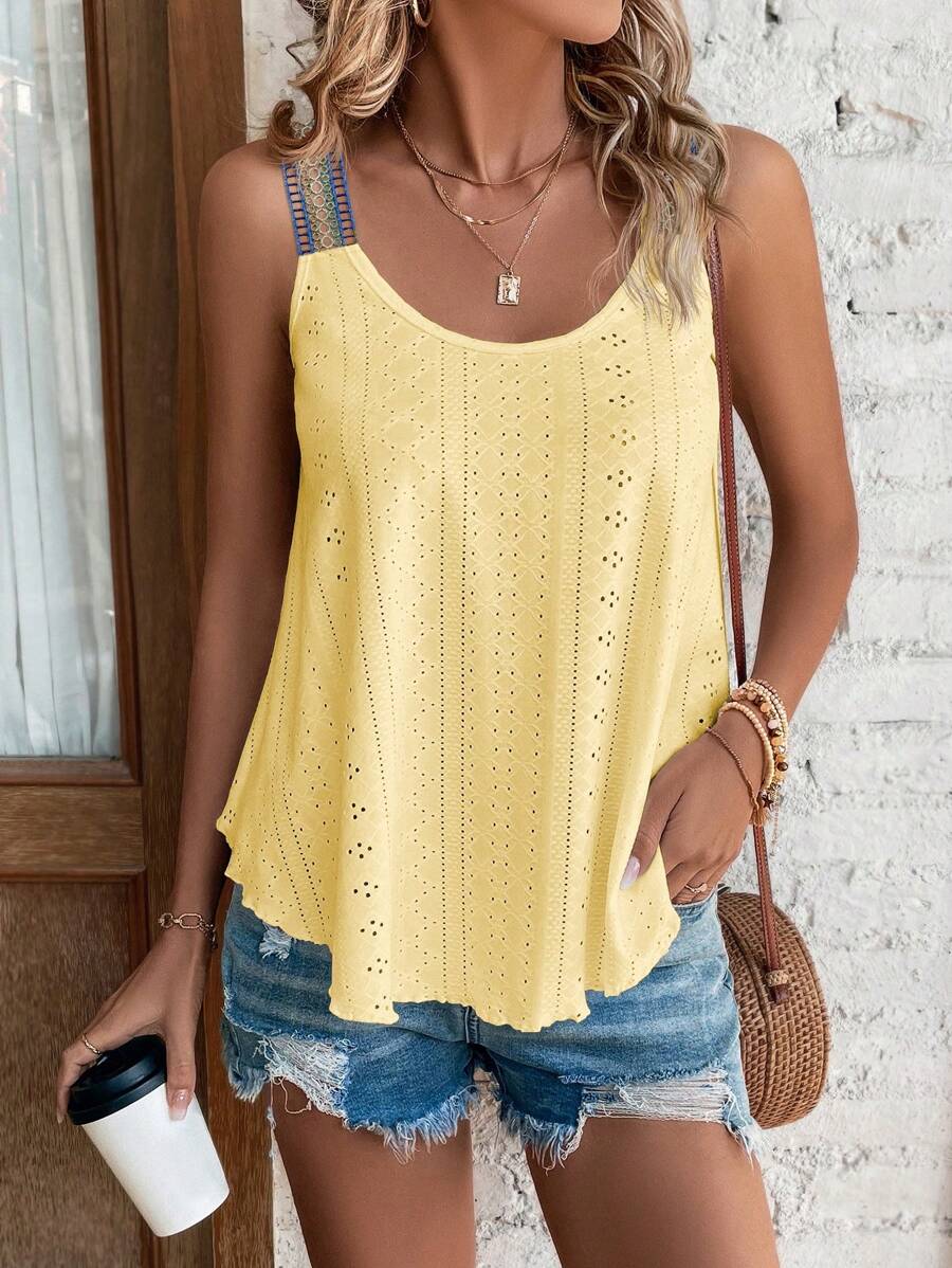 SHEIN LUNE 織帶拼接網眼刺繡背心上衣 - 黃色 - 查看 1