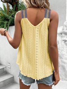 SHEIN LUNE 織帶拼接網眼刺繡背心上衣 - 黃色 - 查看 2
