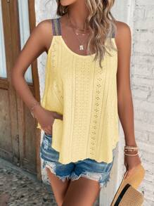 SHEIN LUNE 織帶拼接網眼刺繡背心上衣 - 黃色 - 查看 4