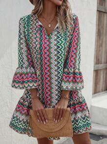 Swim Lushoire 滿版印花喇叭袖荷葉邊罩衫連衣裙