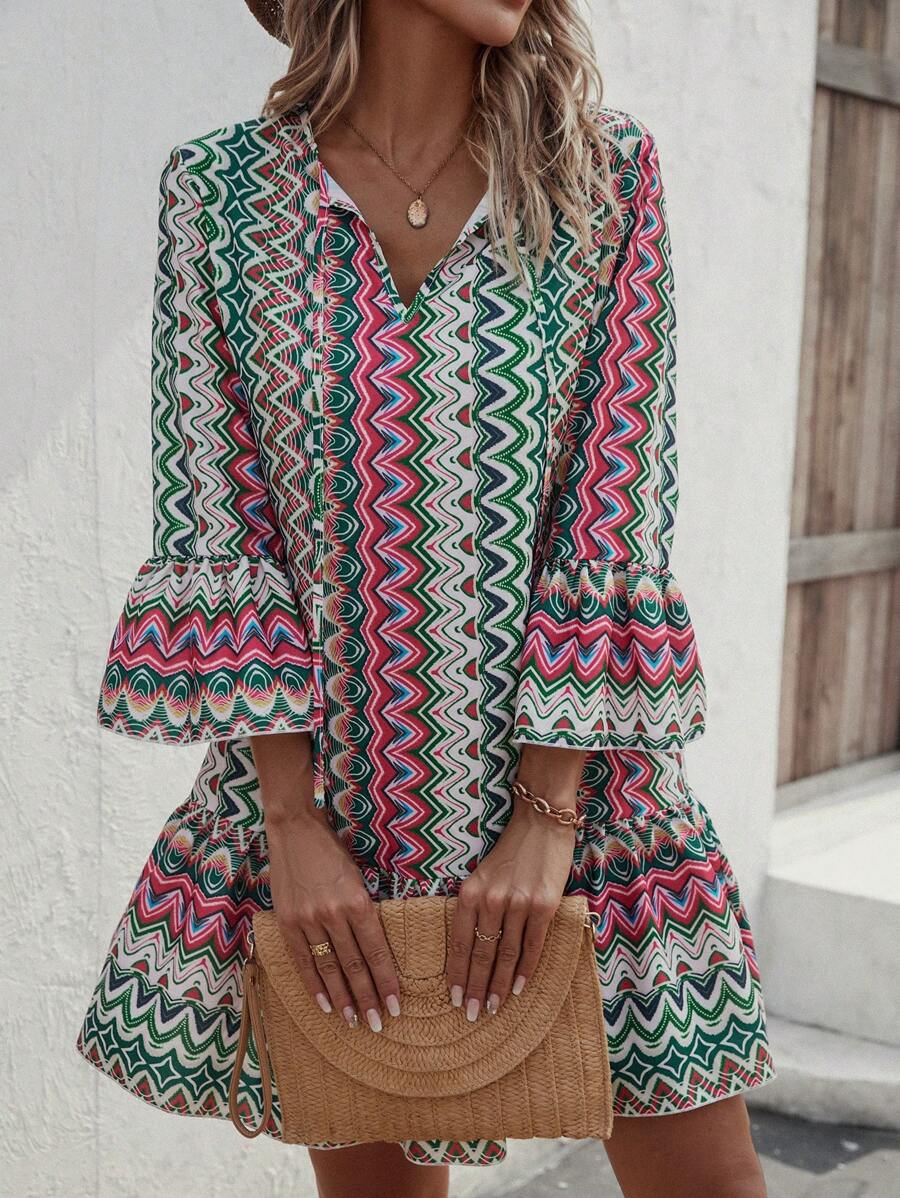 Swim Lushoire 滿版印花喇叭袖荷葉邊罩衫連衣裙