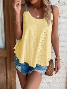 SHEIN LUNE 織帶拼接網眼刺繡背心上衣 - 黃色 - 查看 5