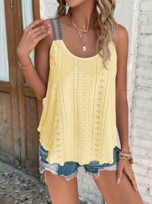 SHEIN LUNE 織帶拼接網眼刺繡背心上衣 - 黃色 - 查看 6