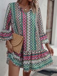 Swim Lushoire 滿版印花喇叭袖荷葉邊罩衫連衣裙