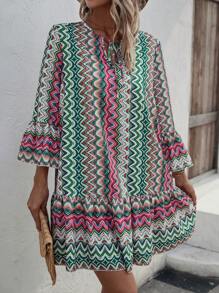 Swim Lushoire 滿版印花喇叭袖荷葉邊罩衫連衣裙