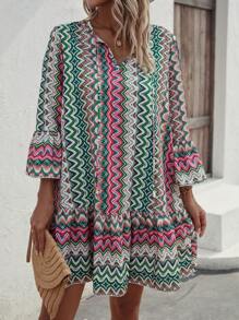 Swim Lushoire 滿版印花喇叭袖荷葉邊罩衫連衣裙