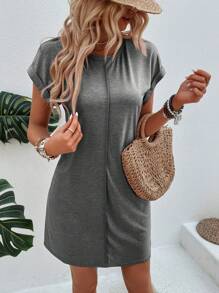 SHEIN LUNE Solid Batwing Sleeve Tee Dress - Light Grey - View 3