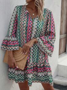 Swim Lushoire 滿版印花喇叭袖荷葉邊罩衫連衣裙