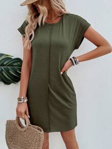 SHEIN LUNE 素色蝙蝠袖T恤連衣裙 - 軍綠色 - 查看 3