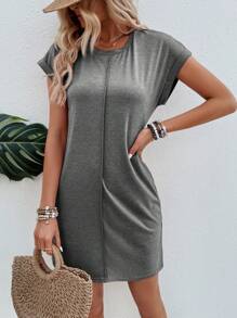 SHEIN LUNE Solid Batwing Sleeve Tee Dress - Light Grey - View 5
