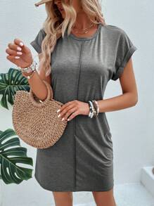 SHEIN LUNE Solid Batwing Sleeve Tee Dress - Light Grey - View 6