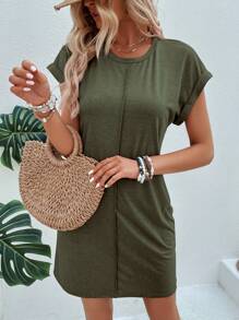 SHEIN LUNE 素色蝙蝠袖T恤連衣裙 - 軍綠色 - 查看 5