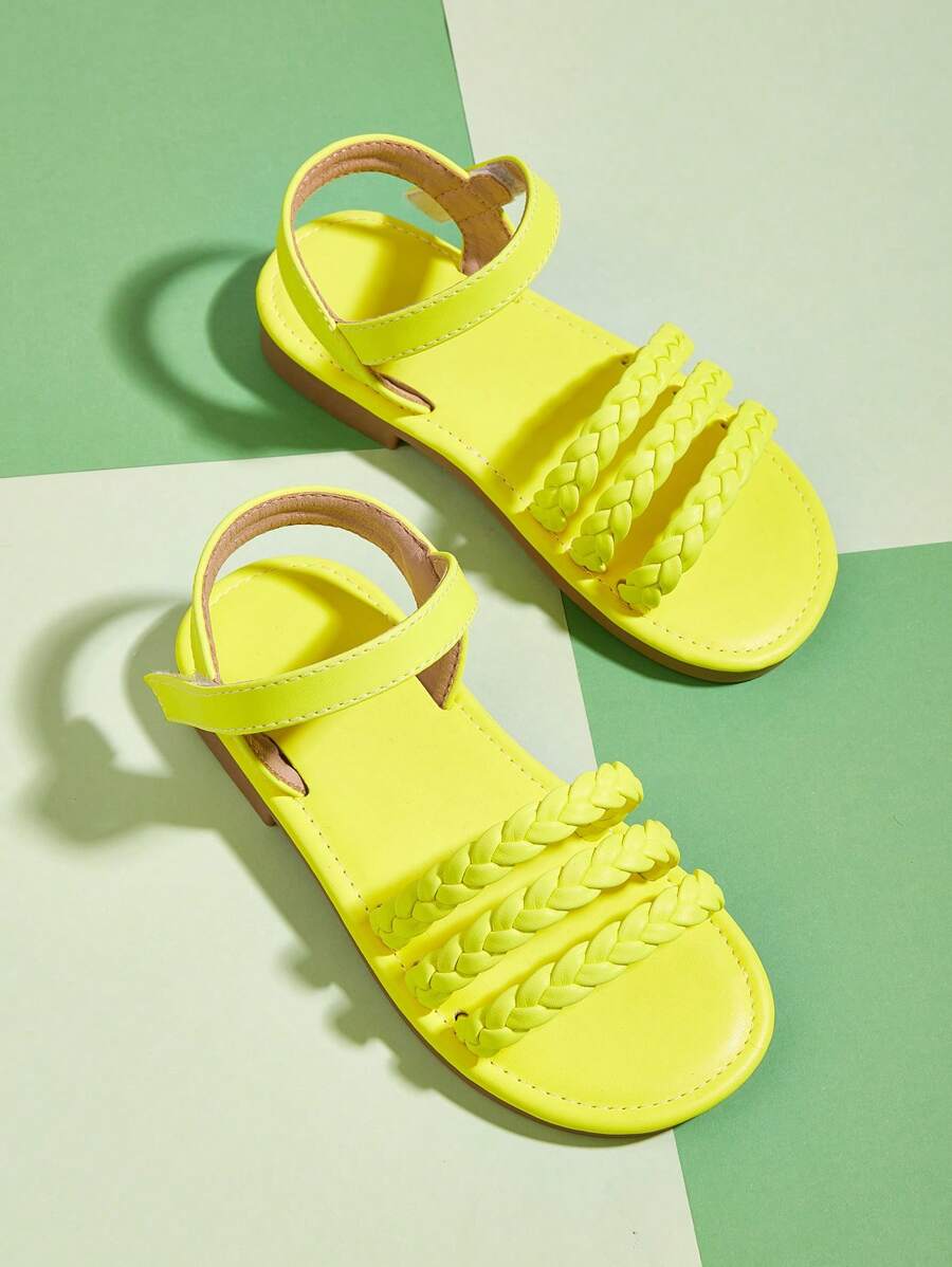 女孩編織設計踝帶平底涼鞋適合夏天 - 黃色 - 查看 1
