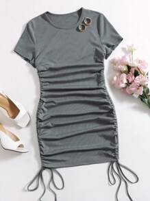 SHEIN Unity Solid Drawstring Ruched Side Bodycon Dress - Grey - View 1