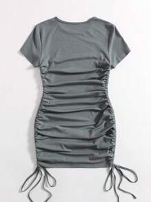 SHEIN Unity Solid Drawstring Ruched Side Bodycon Dress - Grey - View 2