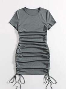 SHEIN Unity Solid Drawstring Ruched Side Bodycon Dress - Grey - View 3
