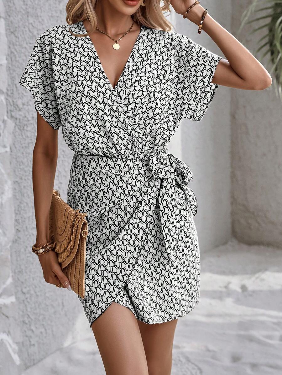 SHEIN LUNE 滿版印花蝙蝠袖圍裹側打結連衣裙 - 彩色 - 查看 1