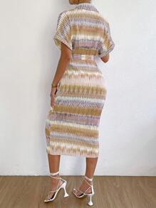 Breezaya Đầm Thắt lưng Thắt nơ trước Nút phía trước Tất cả trên in Giải trí - Màu be - Xem 2