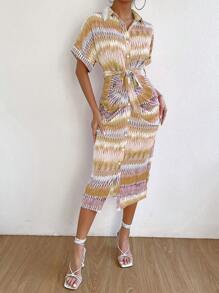 Breezaya Đầm Thắt lưng Thắt nơ trước Nút phía trước Tất cả trên in Giải trí - Màu be - Xem 4